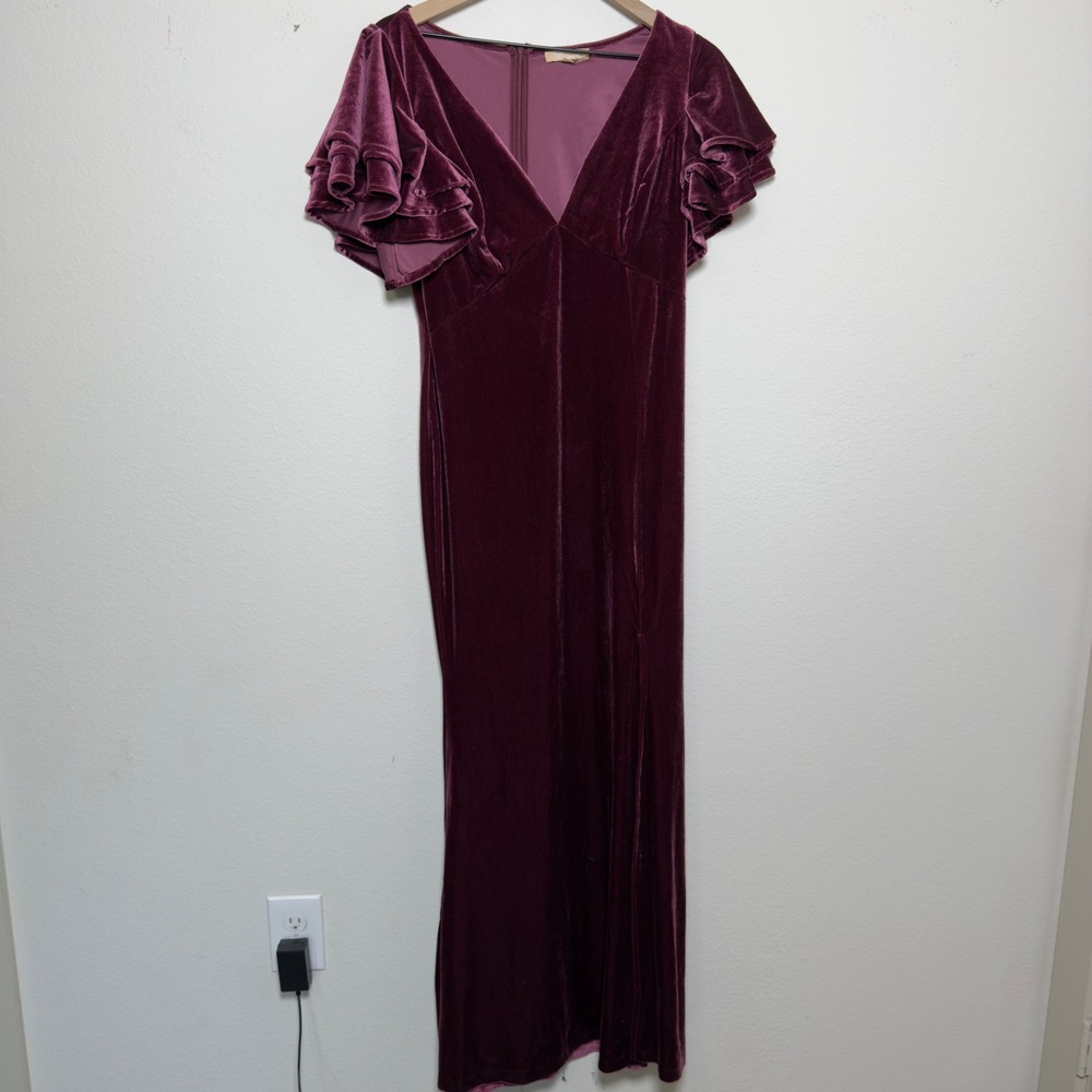 Ricarica Women Maxi Velour Maxi Dress XL Burgundy Ruffle Thigh Slit Formal Gala